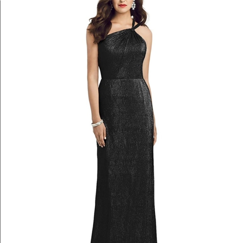 Dessy Group One-Shoulder Twist Metallic Trumpet Gown Black